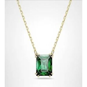 Swarovski Emerald Cut Green Crystal Pendant Necklace Gold Plated Cable Chain